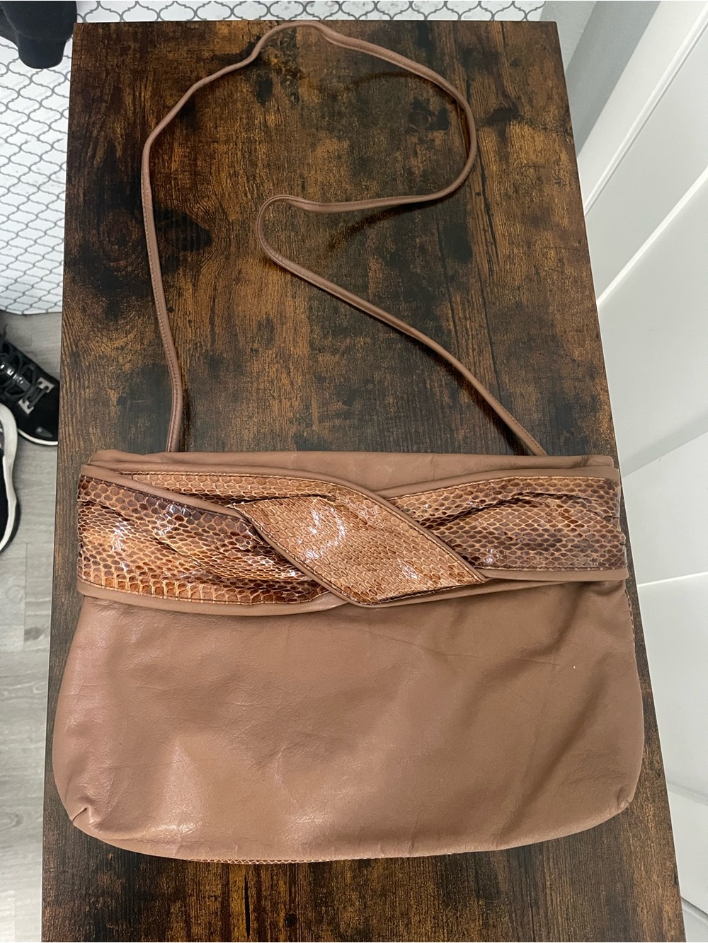 Tan Leather Crossbody Bag with Snakeskin Accent